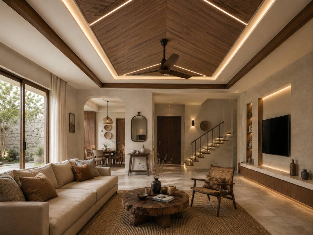 Wood and POP combination hall POP ceiling design
