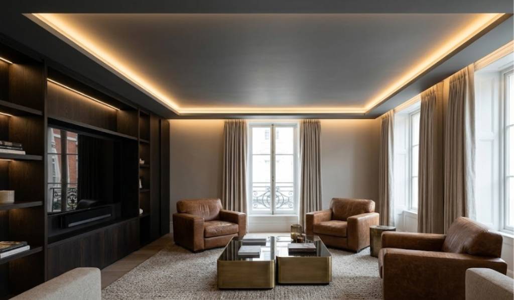 Perimeter LED False Ceiling for Compact Living Rooms 