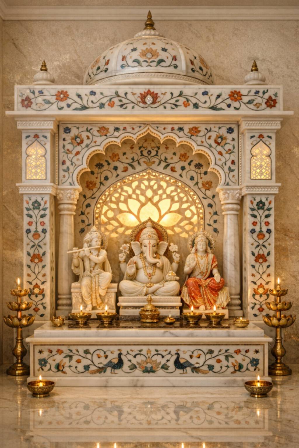Marble Mandir with Intricate Inlay Work