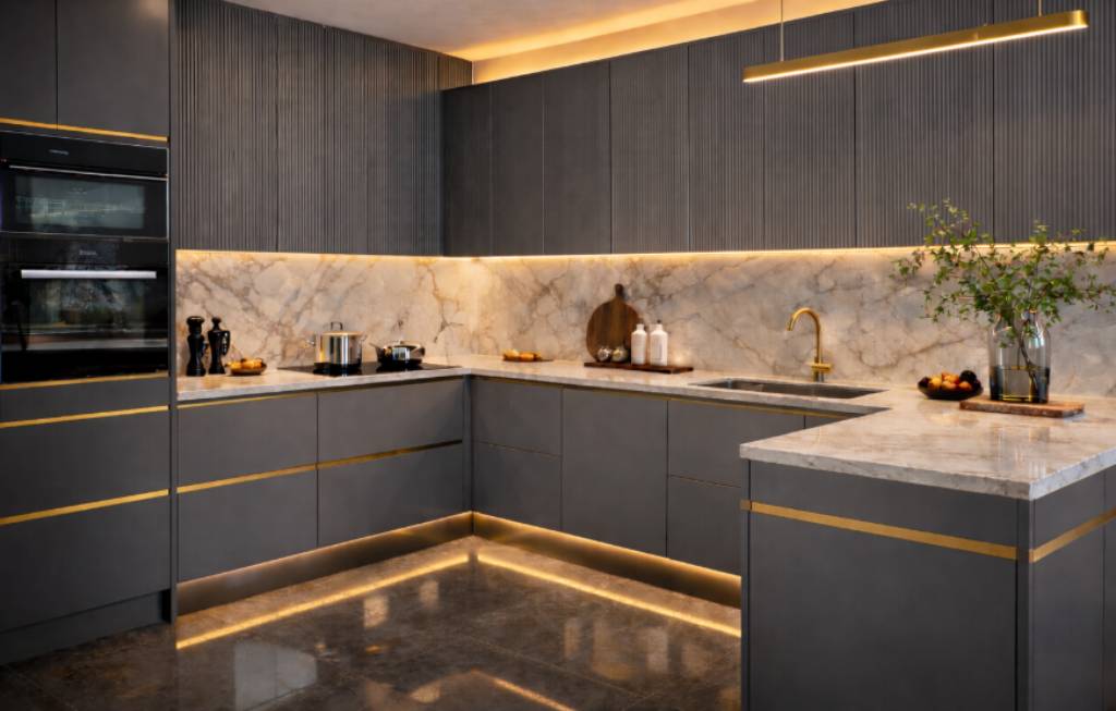 Matte and Metallic Accents for L shape kitchen
