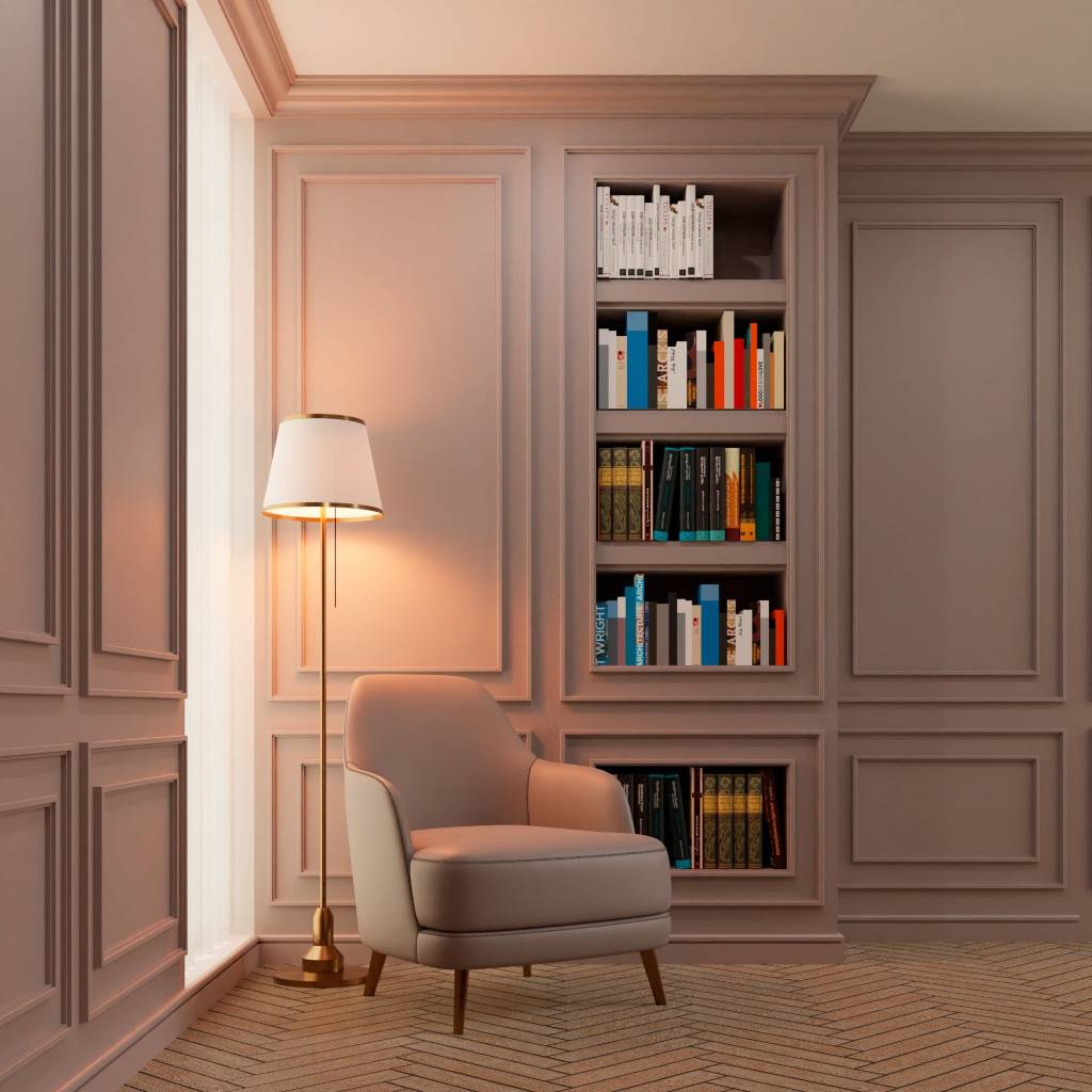 Study room with floor-to-ceiling bookshelf wall design