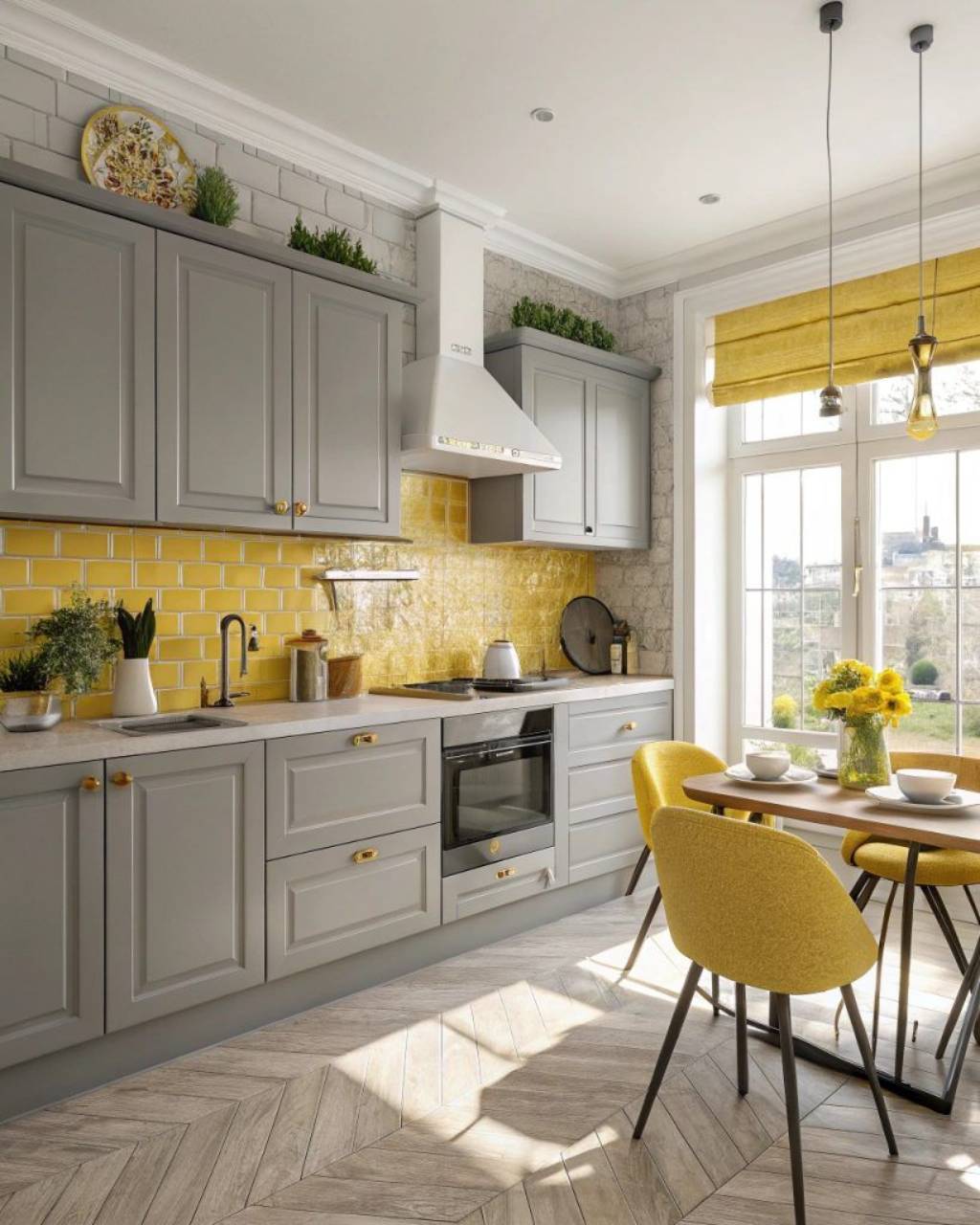 Yellow and grey kitchen wall design creating a vibrant cooking space