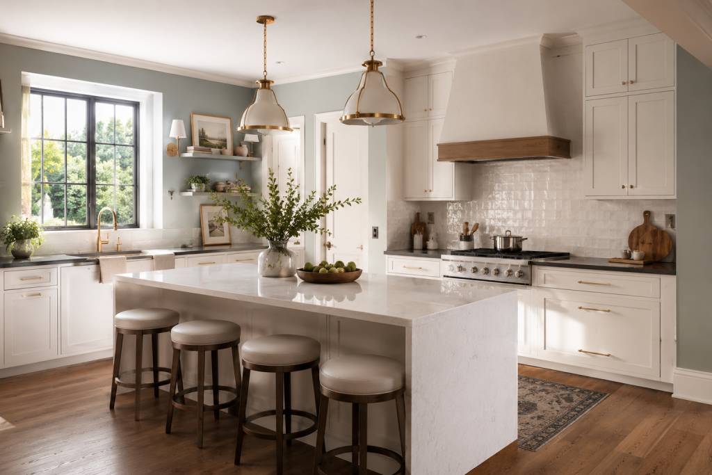 White kitchen cabinets paired with soft grey and pastel wall colours