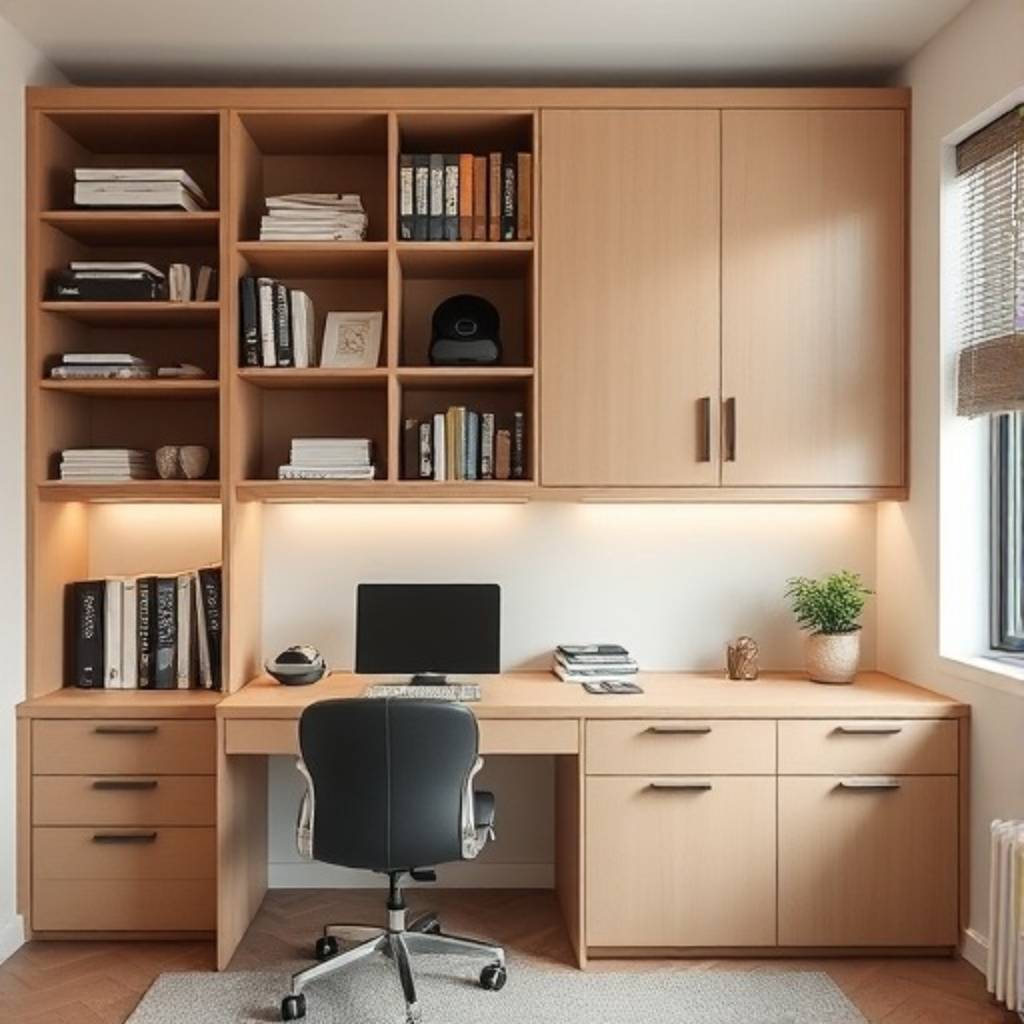 Study room storage solutions with shelves and hidden cabinets