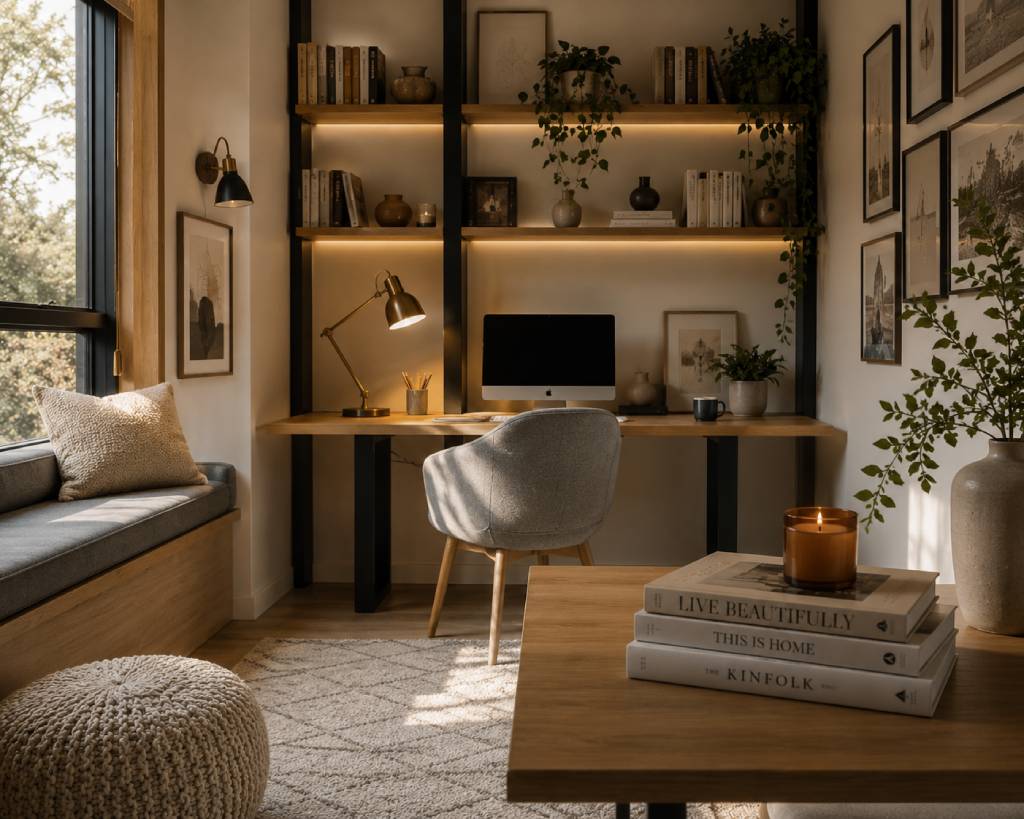 Aesthetic study room design with warm tones and minimalist decor