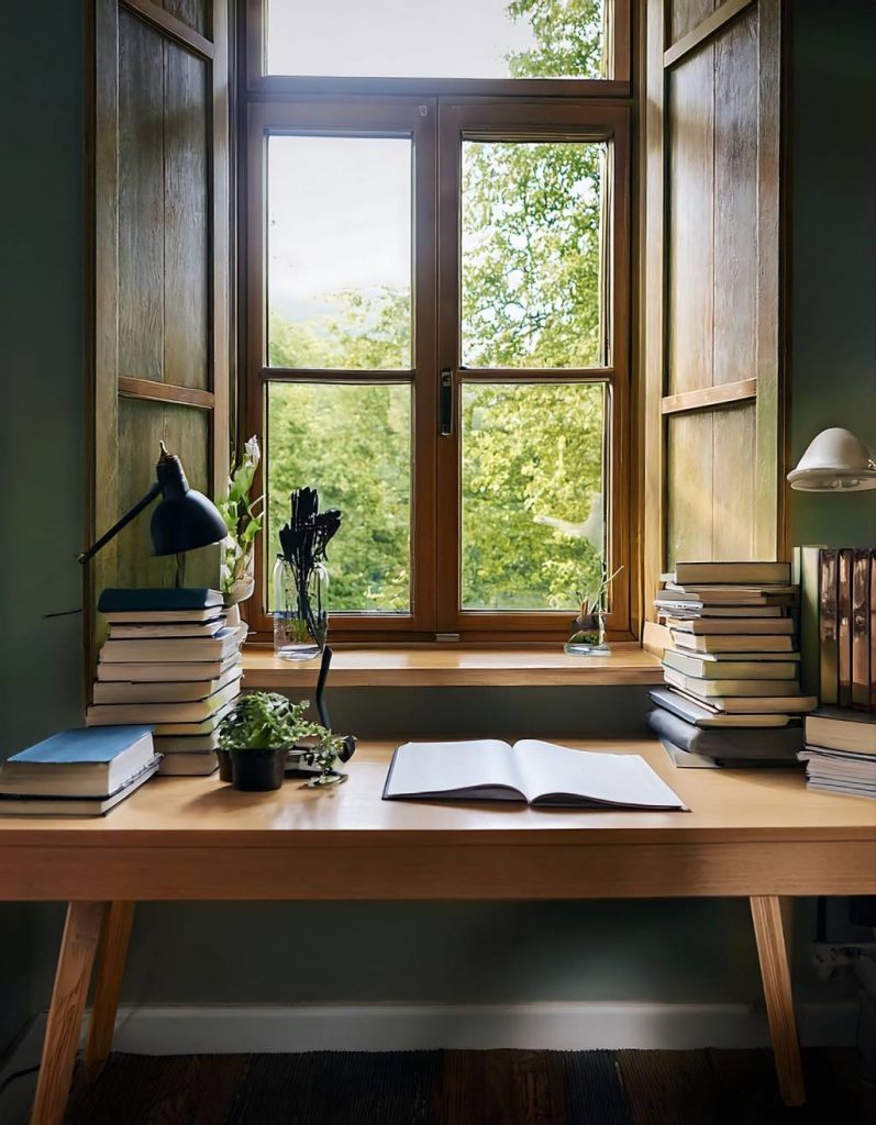 Study room design with natural sunlight and window-side desk