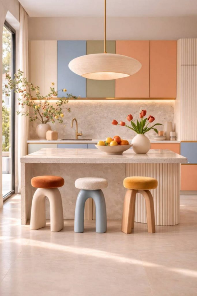 Pastel kitchen wall colours with minimalist cabinetry and soft lighting