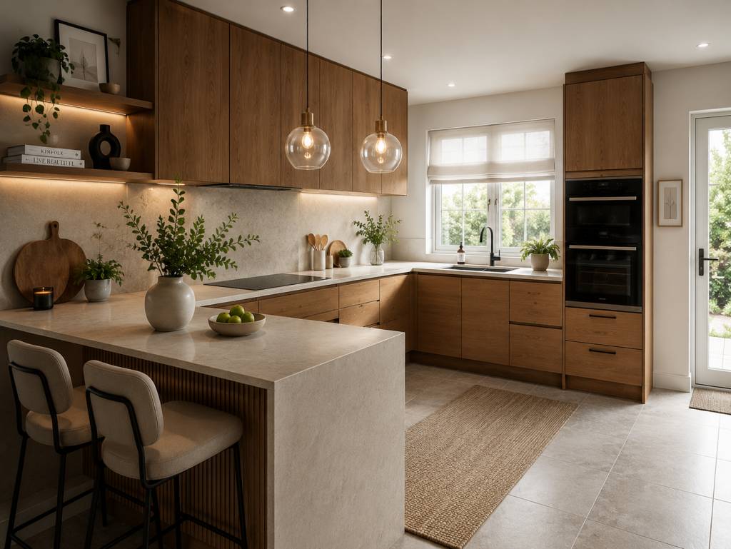 Wooden kitchen cabinets complemented by beige and cream wall colours