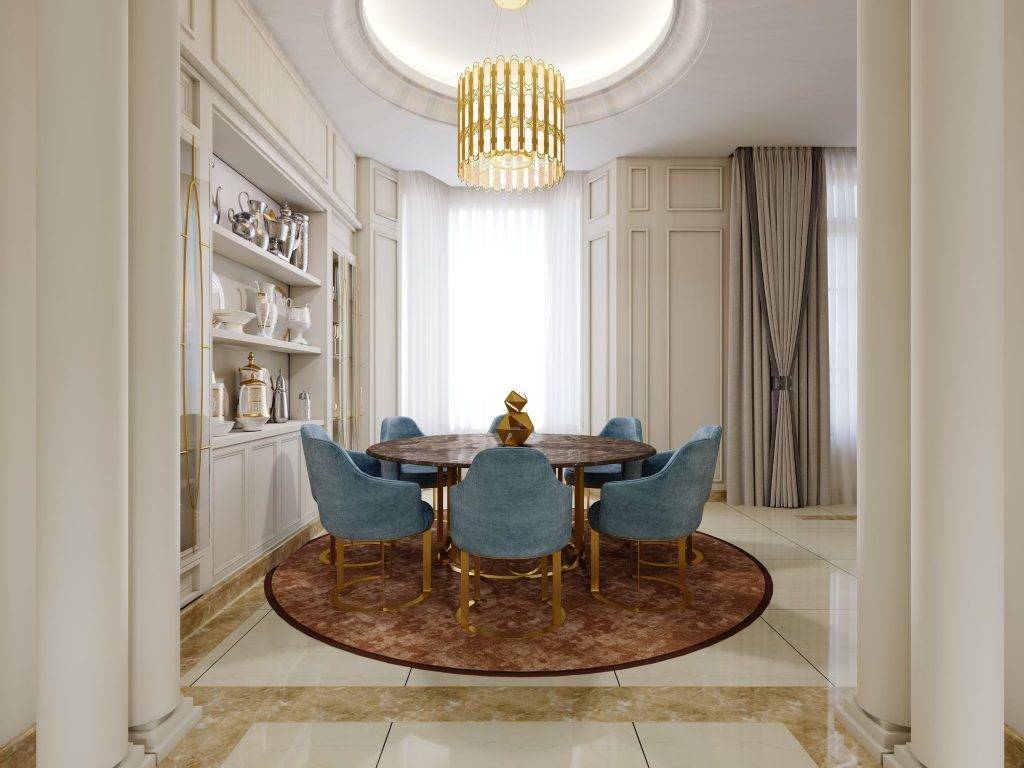 Round Dining Table Design with Upholstered Chairs