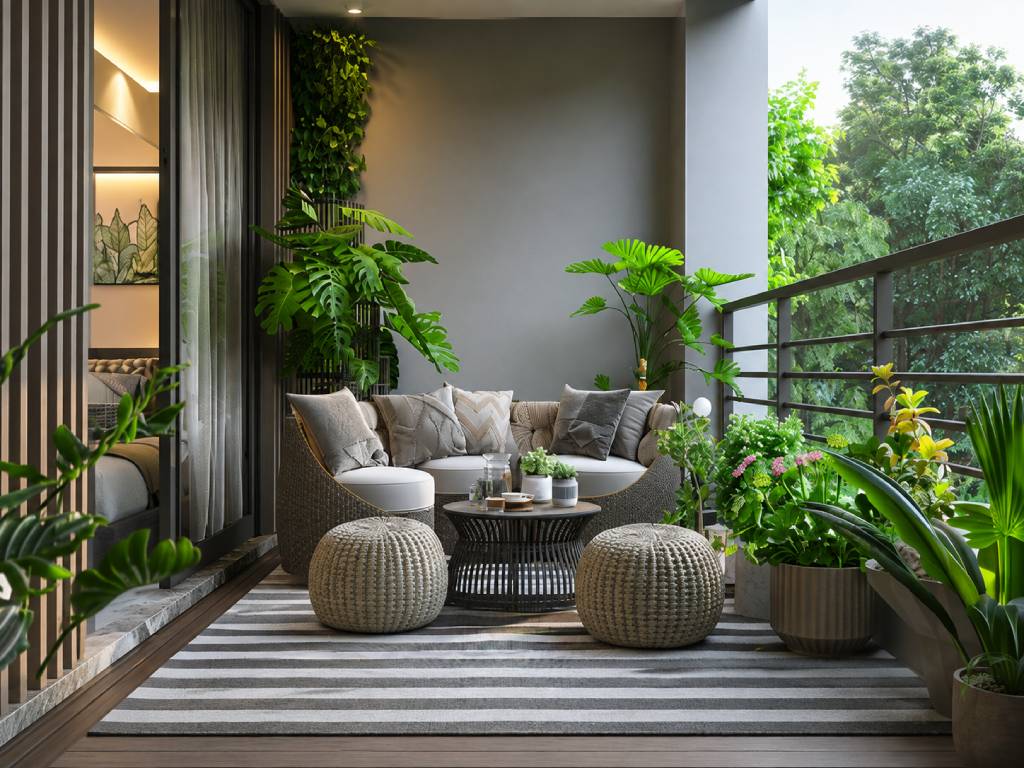 Serene balcony design with green plants and seating arrangement