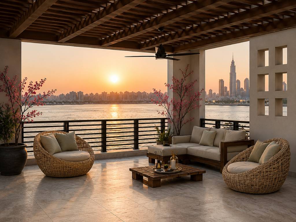 Balcony wall design with outdoor deck seating and wooden accents