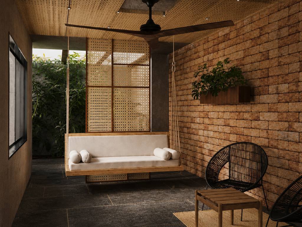 Balcony design with Swings, Seating and Built-In Furniture