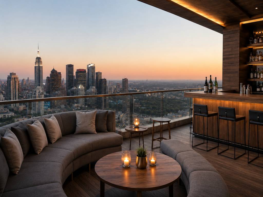 luxury balcony design with bar counter and lounge seating