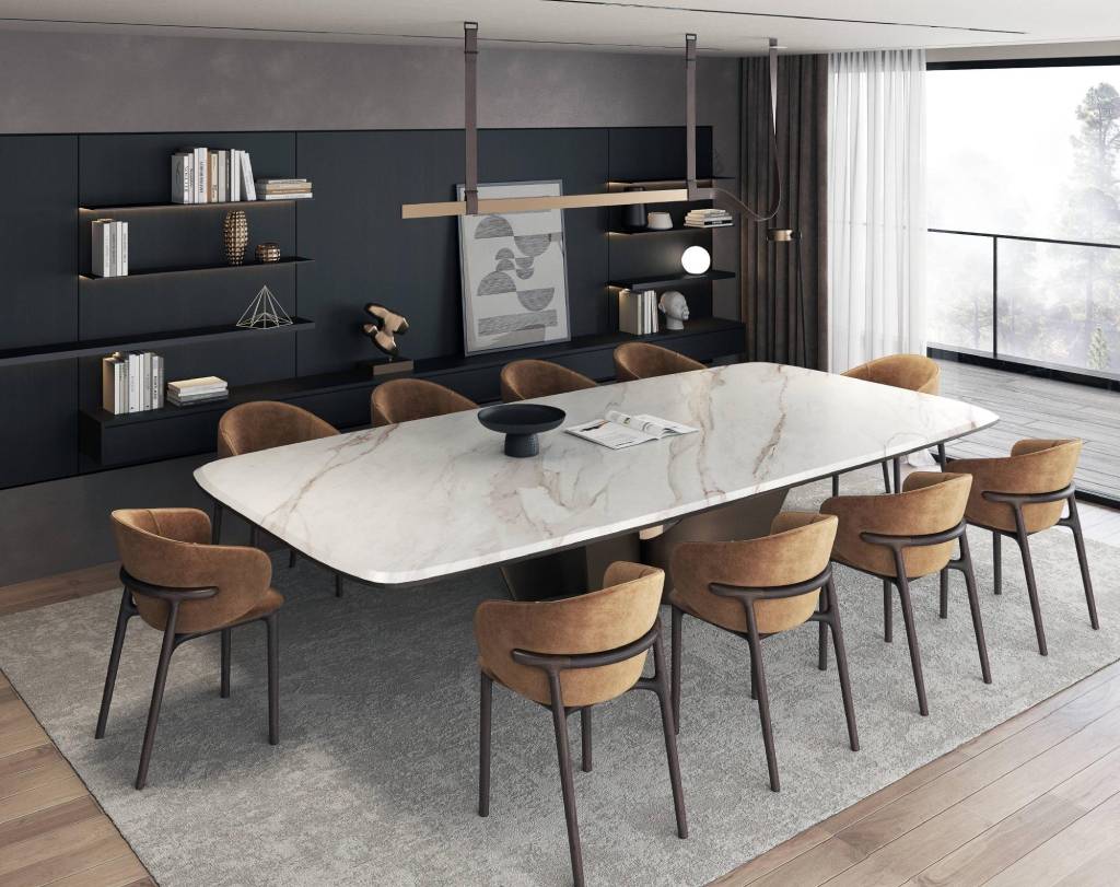 Rectangular marble dining table design for a spacious home
