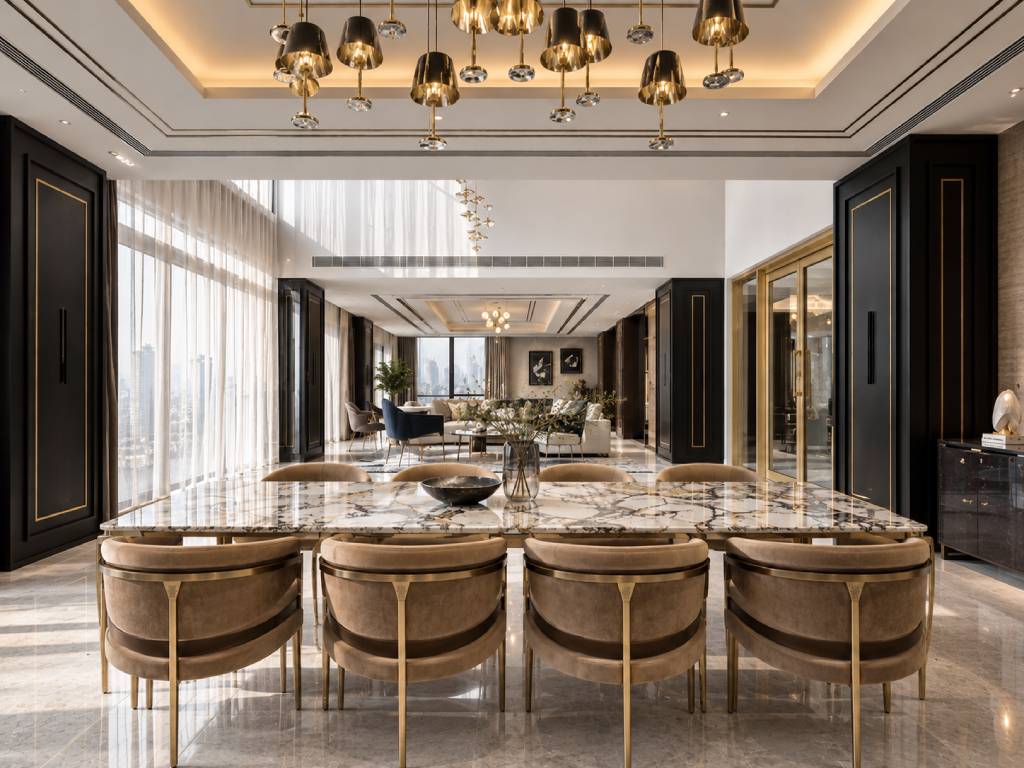 Luxurious eight-seater marble dining table with upholstered chairs