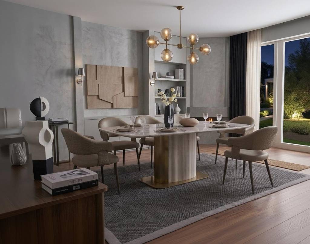 Neutral dining room interiors with chandelier
