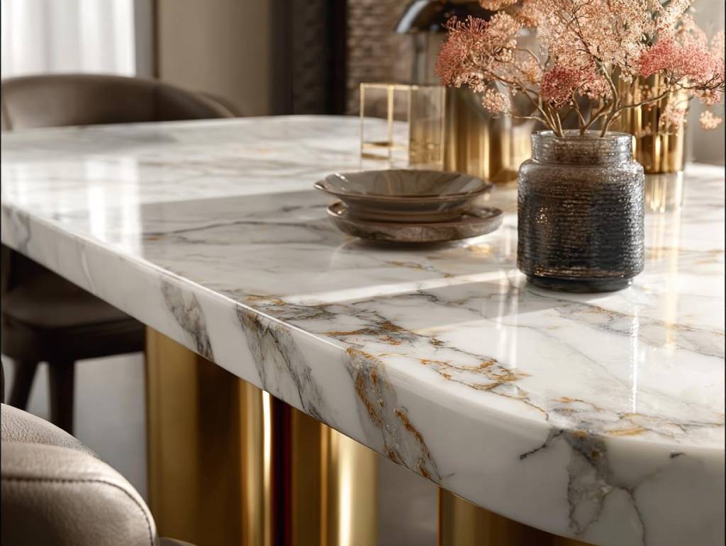 White marble dining table with gold accents