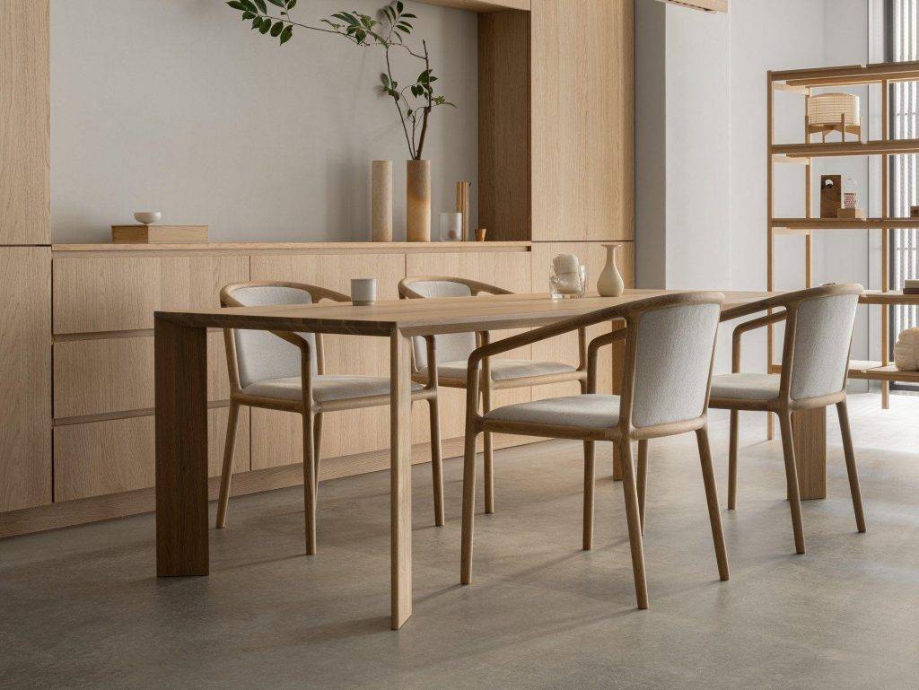 Japandi dining table design with a wooden interior