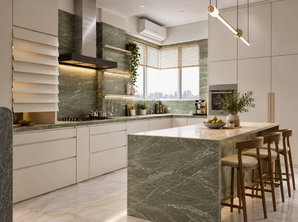 L-shape kitchen with island and seating provision