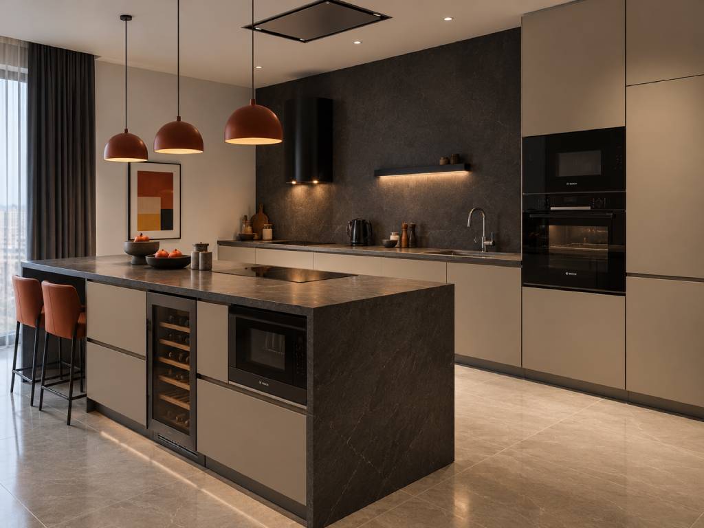 Kitchen island with built-in appliances and sink