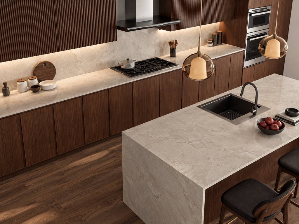 Island kitchen with marble surface