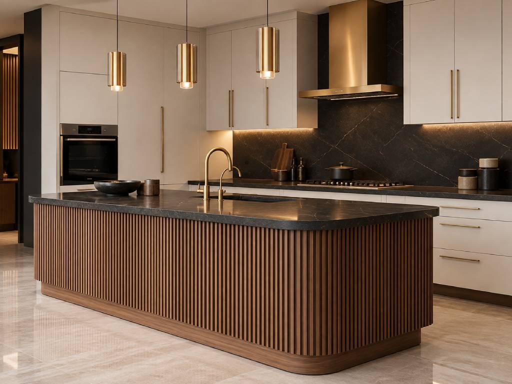 Kitchen island with wooden fluted paneling and metallic accent
